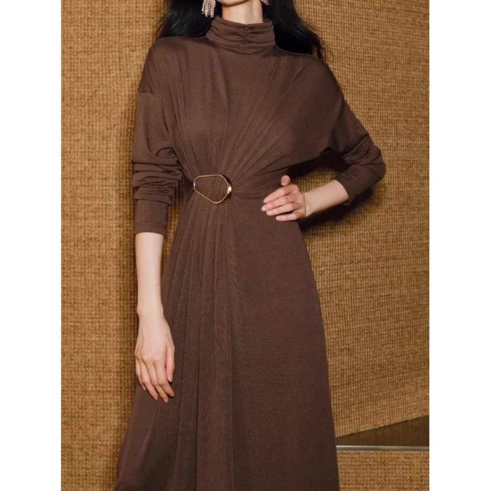 Commense Brown‎ Turtleneck Maxi Dress with Gold Ring Detail Long Sleeve Size M
